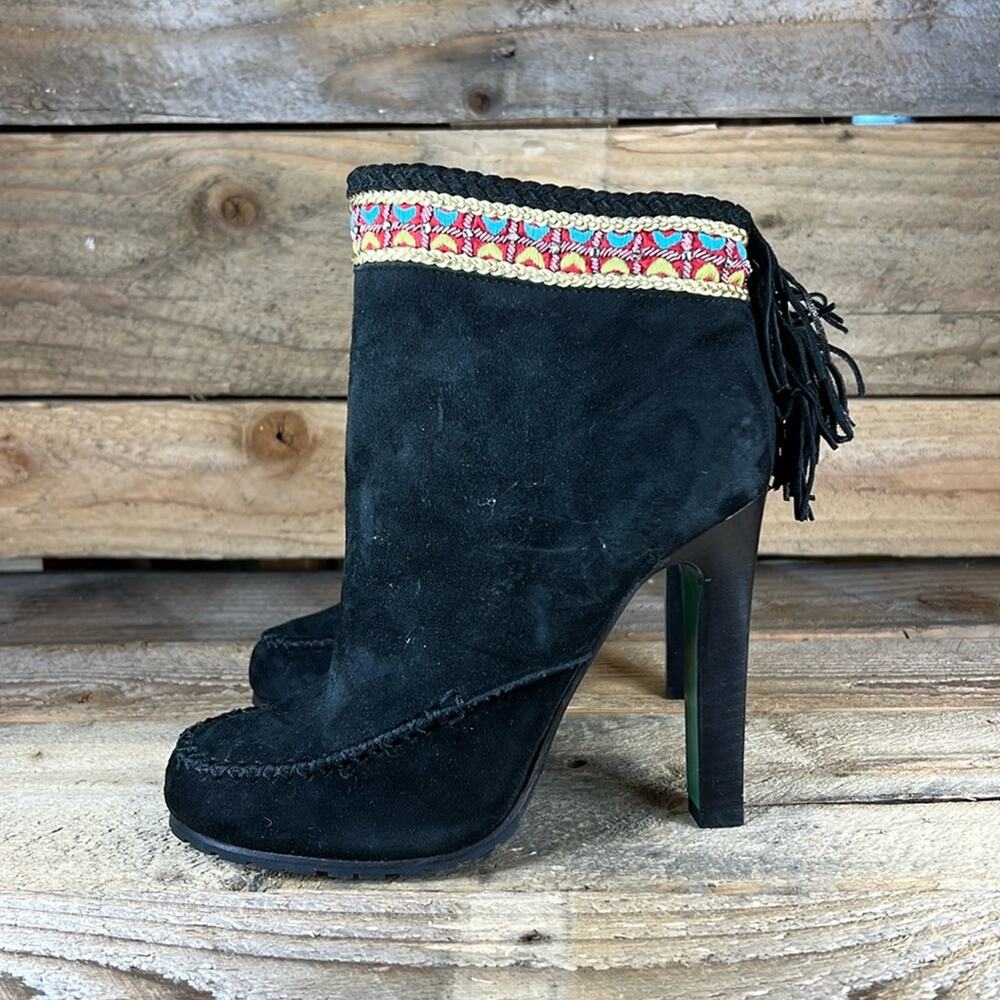 Donald J. Pliner Black Suede Ankle Booties with Multicolor Embroidered Trim